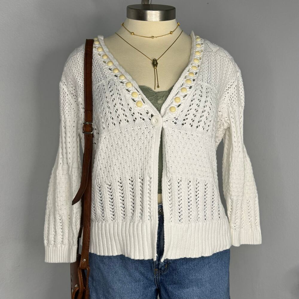 Cottagecore White Knit One Button Cardigan Sweater Large MJ Collection